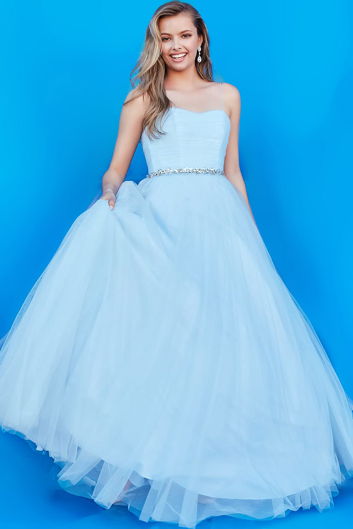 Model wearing Jovani K66712 Blue Spaghetti Strap Girls Ballgown